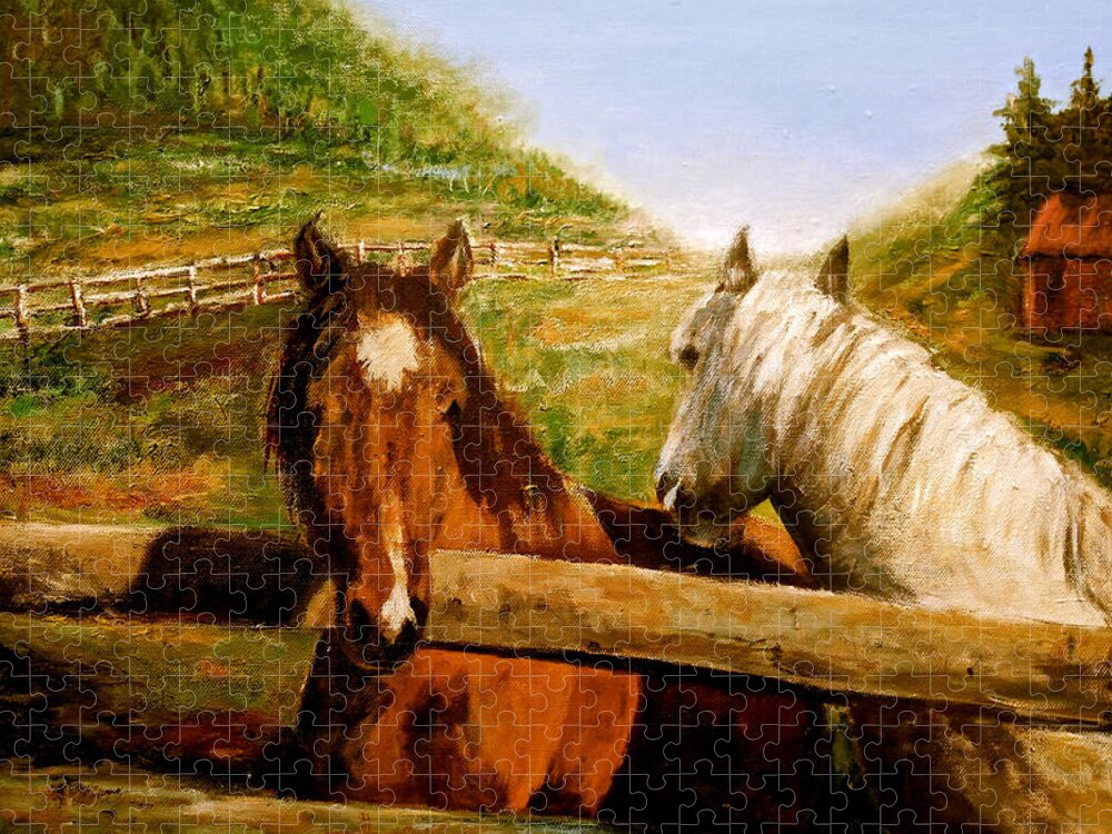 Horses Jigsaw Puzzle featuring the painting Alberta Horse Farm by Sher Nasser