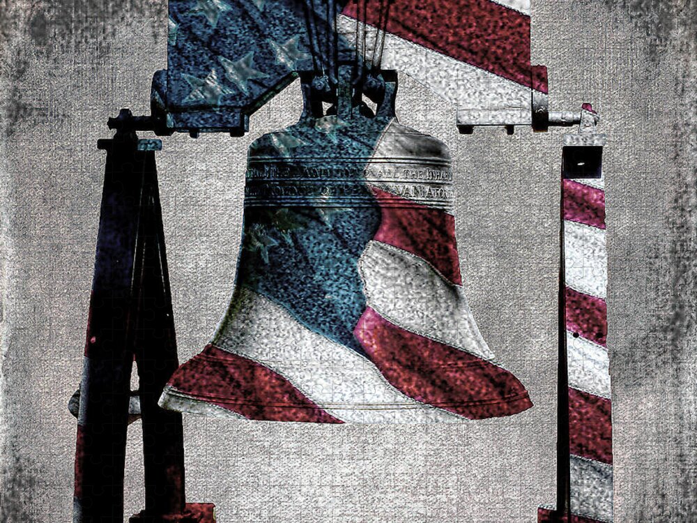 Americana Jigsaw Puzzle featuring the mixed media All American Liberty Bell Art_Denim by Lesa Fine
