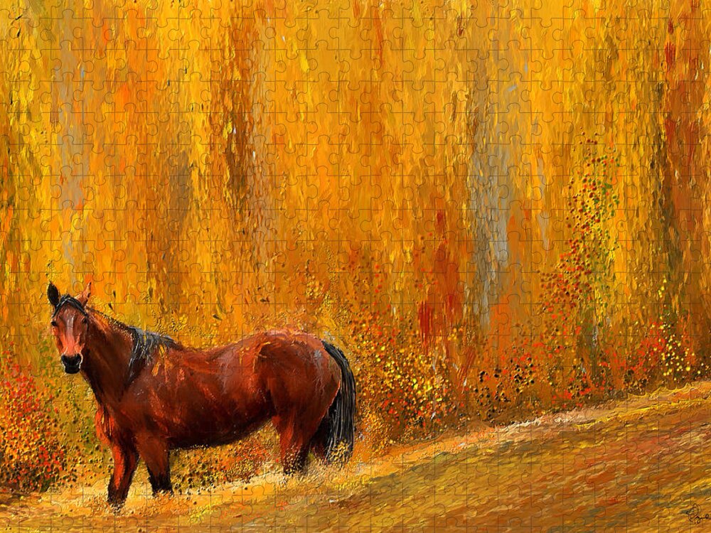 Bay Horse Paintings Jigsaw Puzzle featuring the painting Alone In Grandeur- Bay Horse Paintings by Lourry Legarde