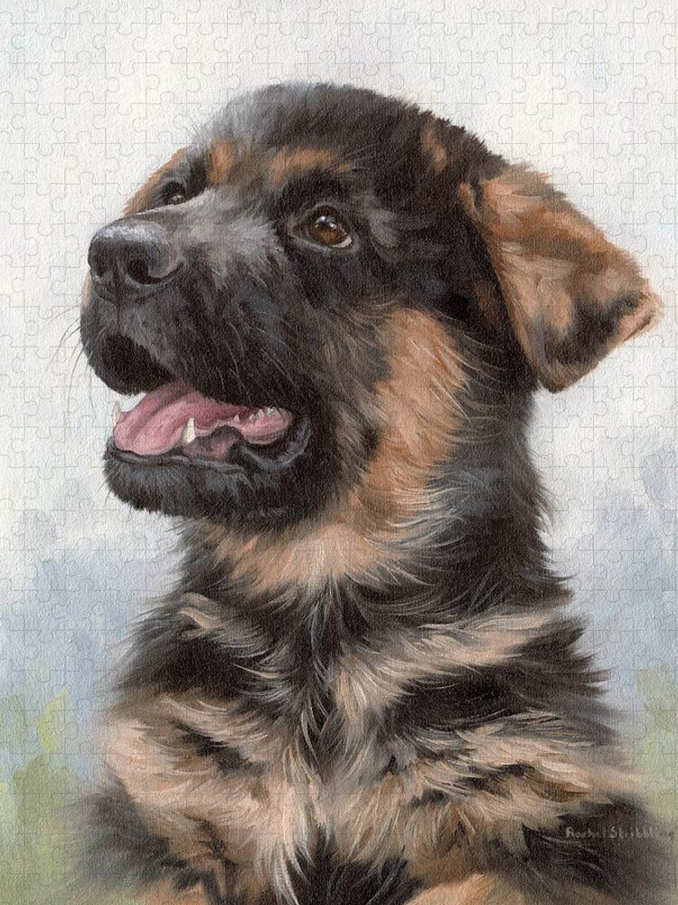 Dog Jigsaw Puzzle featuring the painting Alsatian Puppy Painting by Rachel Stribbling