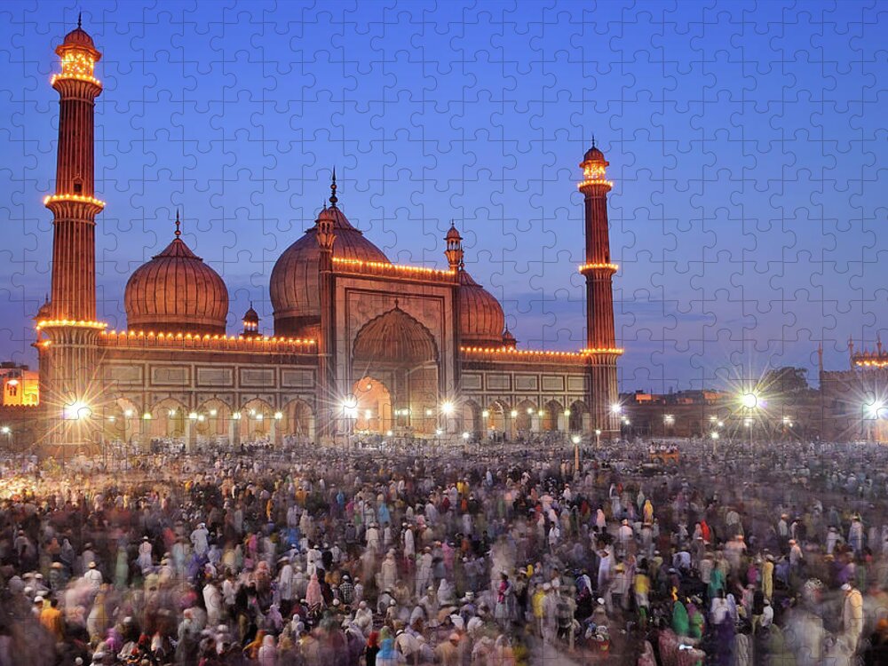 Arch Jigsaw Puzzle featuring the photograph Alvida Juma Twilight At Jama Masjid by Nimit Nigam