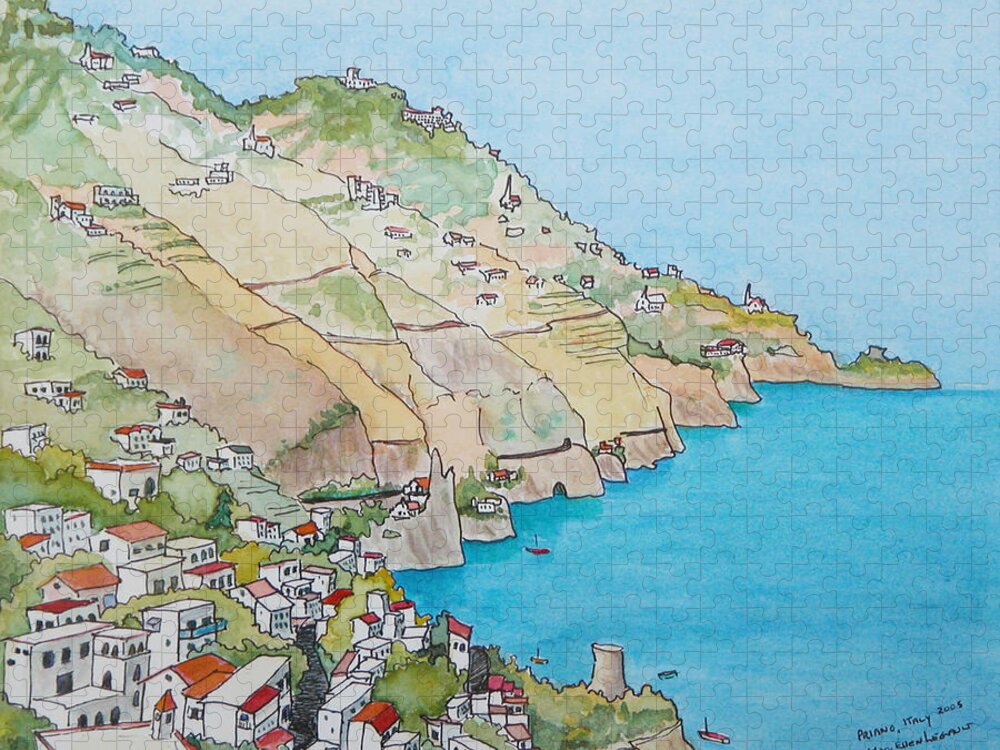 Landscape Jigsaw Puzzle featuring the painting Praiano, Amalfi coast, Italy by Mary Ellen Mueller Legault
