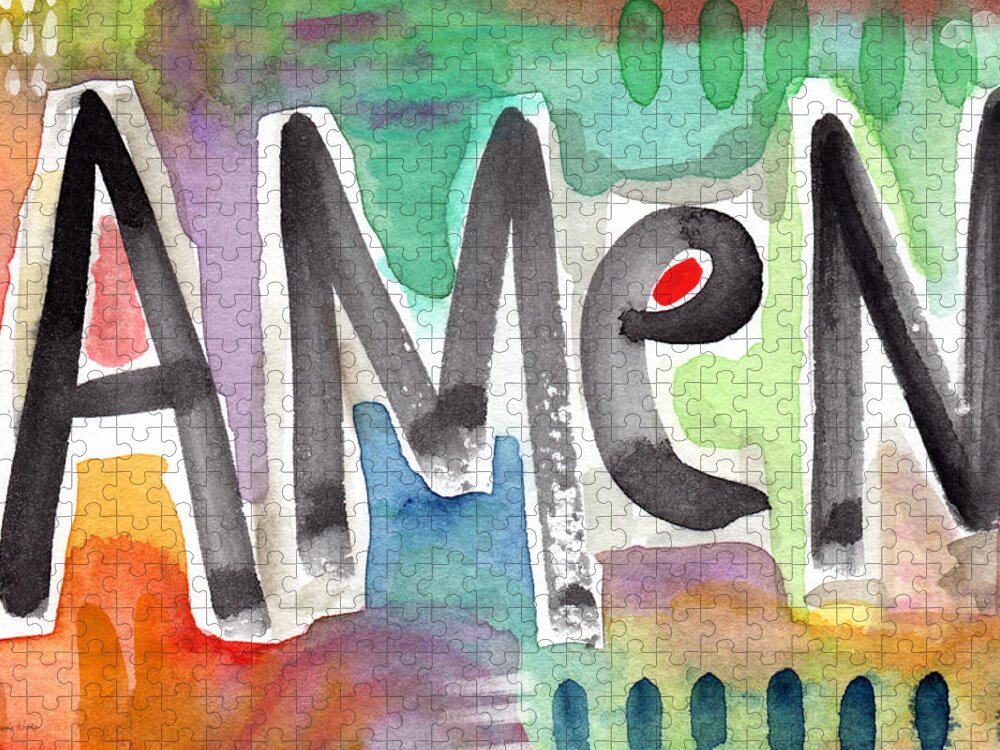 Amen Painting Jigsaw Puzzle featuring the painting AMEN- colorful word art painting by Linda Woods