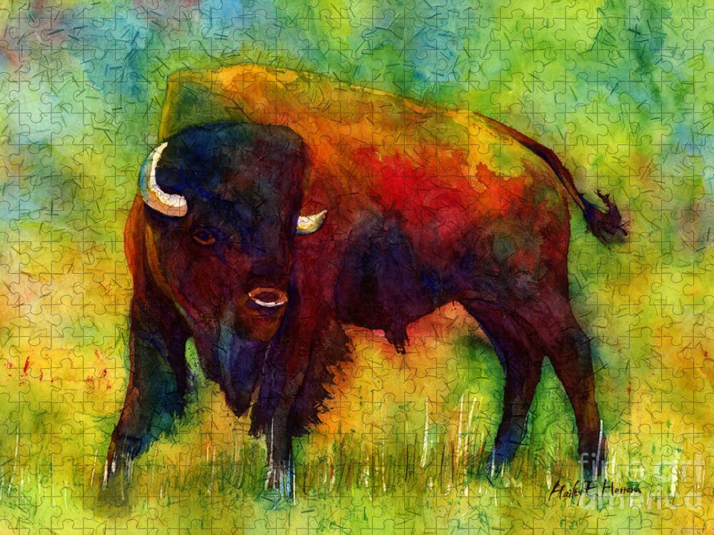 Bison Jigsaw Puzzle featuring the painting American Buffalo by Hailey E Herrera