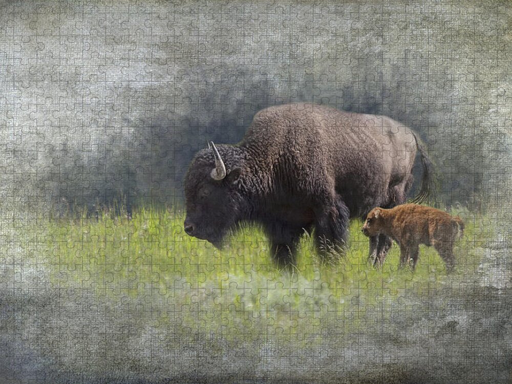 Art Jigsaw Puzzle featuring the photograph American Buffalo Mother and Calf by Randall Nyhof