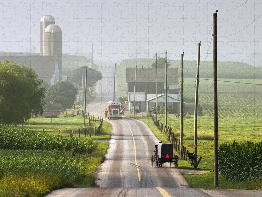 Art Jigsaw Puzzle featuring the photograph Amish Buggy confronts the Modern World by Randall Nyhof