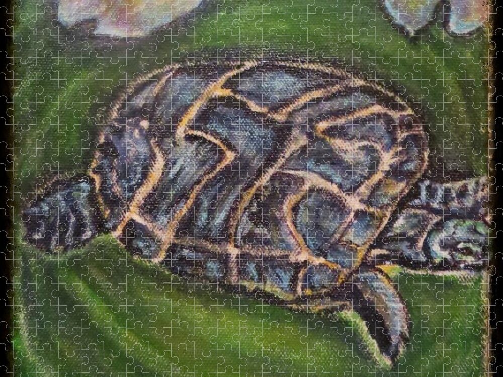 Featured In The fabric And Clothing Group Nature Scene Message For The Environment Smokey Gray Blue Turtle Swimming In A Green Pond Wine Merlot Bluish Mossy Green Water Lilies Mossy Green Pond Water Jigsaw Puzzle featuring the painting An Agent of Change Turtle Causing Ripples in a Pond by Kimberlee Baxter