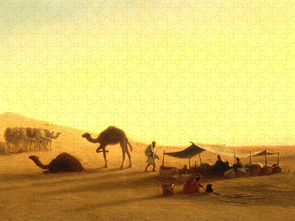 Arab; Encampment; Desert; Camp; Tent; Canopy; Camel; Camels; Dawn; Dusk; Morning; Evening; Sunrise; Sunset; Sundown; Golden; Glow; Nomad; Nomads; Nomadic; Traveller; Travellers; Travel; Camel; Train; Arab; Arabs; Arabian; Arid; Heat; Orientalist; Middle East; Middle Eastern; Sand; Dune; Dunes Jigsaw Puzzle featuring the painting An Arab Encampment by Charles Theodore Frere