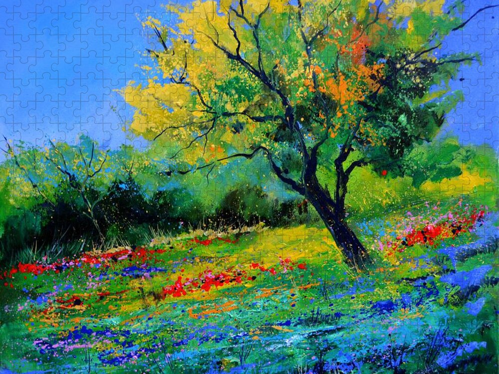 Landscape Jigsaw Puzzle featuring the painting An oak amid flowers in Texas by Pol Ledent