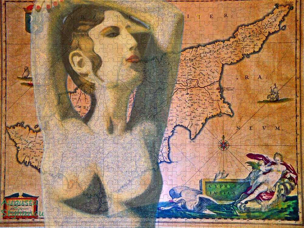 Augusta Stylianou Jigsaw Puzzle featuring the digital art Ancient Cyprus Map and Aphrodite by Augusta Stylianou