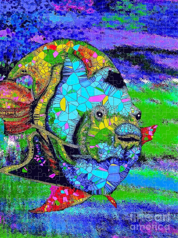 Angel Fish In A Deep Blue Sea Jigsaw Puzzle featuring the painting Angel Fish in a Deep Blue Sea by Saundra Myles