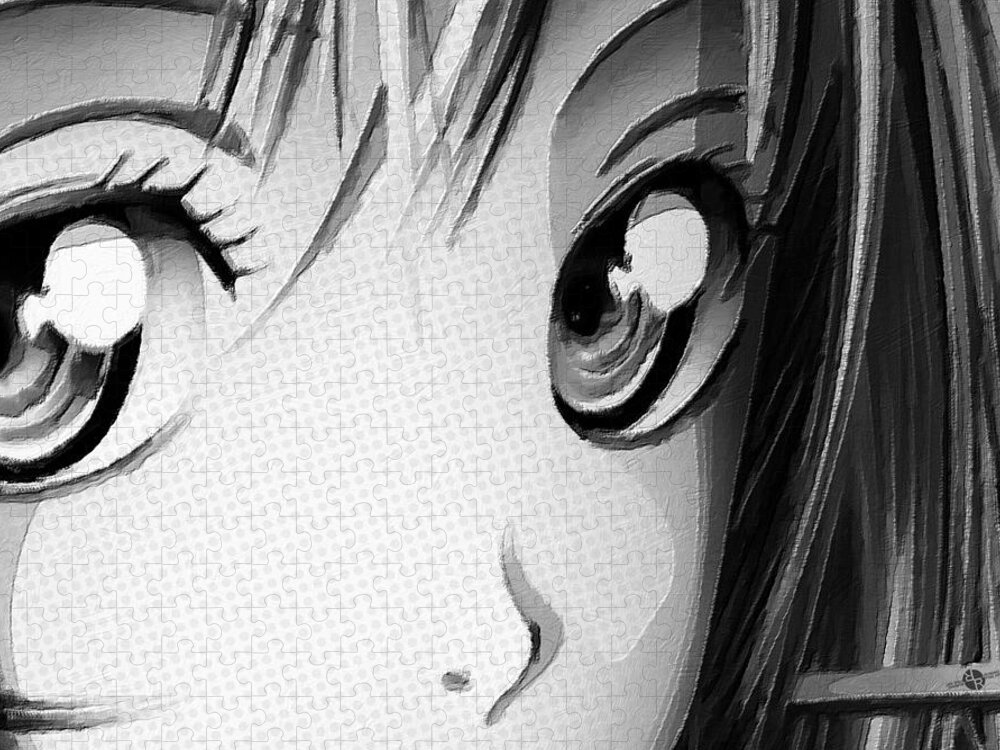 Comics Jigsaw Puzzle featuring the painting Anime Girl Eyes 2 Black And White by Tony Rubino