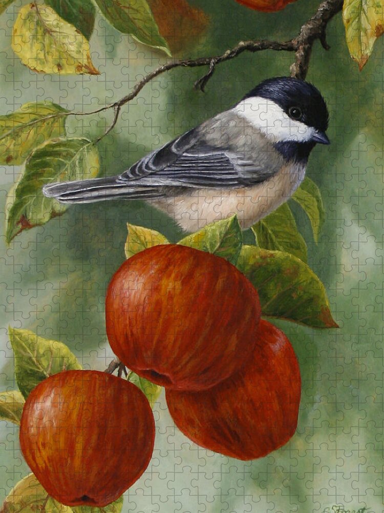 Bird Jigsaw Puzzle featuring the painting Apple Chickadee Greeting Card 2 by Crista Forest