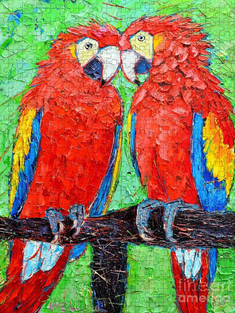 Parrots Jigsaw Puzzle featuring the painting Ara Love A Moment Of Tenderness Between Two Scarlet Macaw Parrots by Ana Maria Edulescu