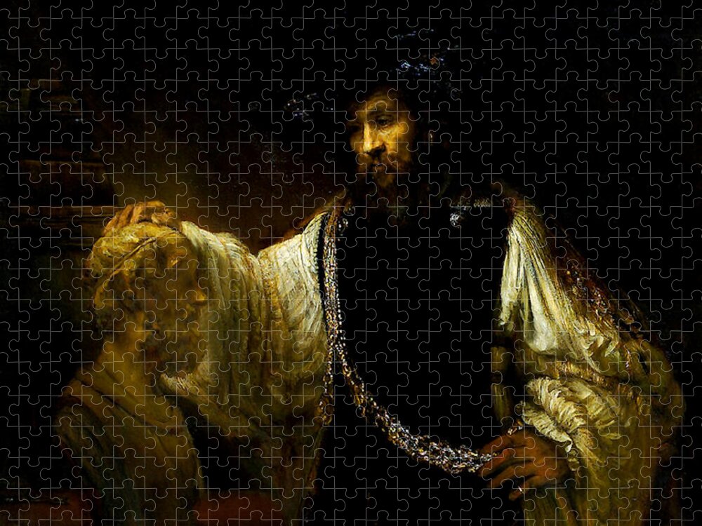 Aristotle Contemplating A Bust Of Homer Jigsaw Puzzle featuring the painting Aristotle Contemplating a Bust of Homer by Rembrandt van Rijn