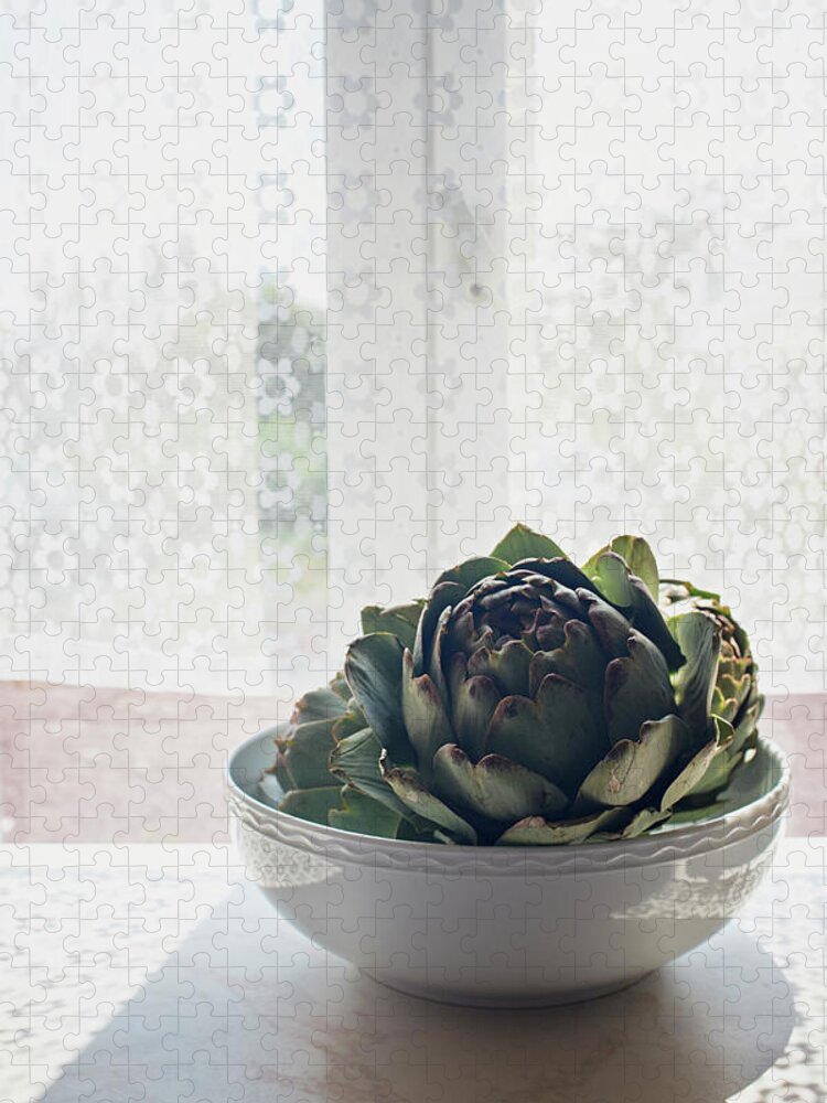 Home Interior Jigsaw Puzzle featuring the photograph Artichoke In A Bowl On Sunlit Windowsill by Kathleen Finlay
