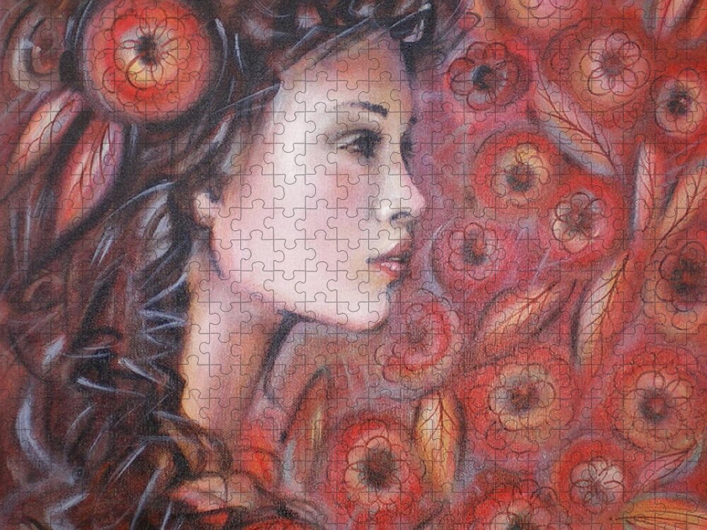Woman Jigsaw Puzzle featuring the painting Asian Dream In Red Flowers 010809 by Selena Boron