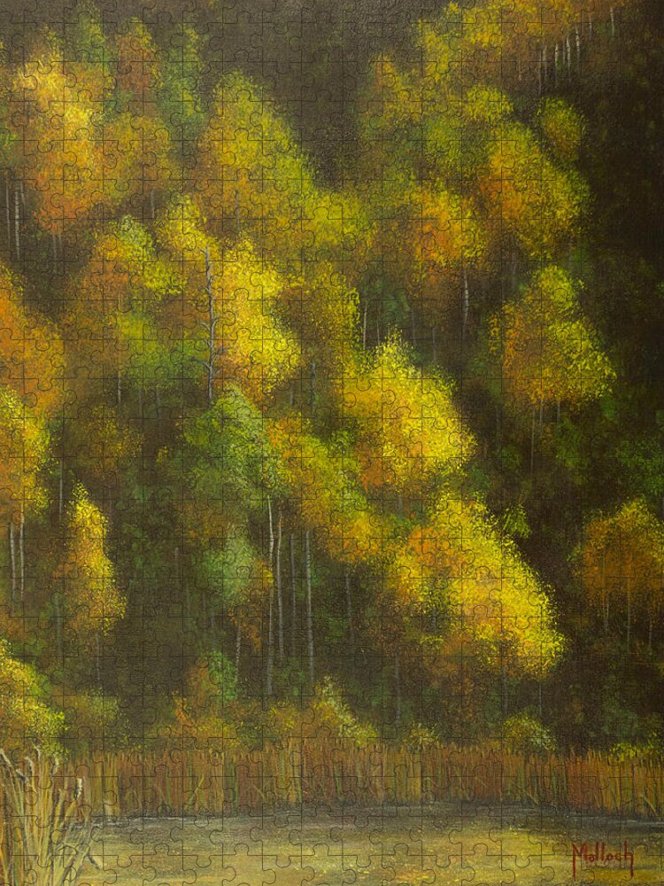 Autumn Aspens Jigsaw Puzzle featuring the painting Aspens and Cattails by Jack Malloch