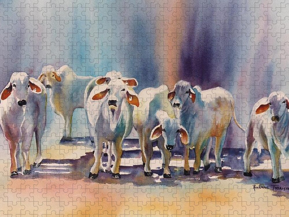 Brahman Bulls Jigsaw Puzzle featuring the painting Attention all Ears. Brahman Bulls by Roxanne Tobaison