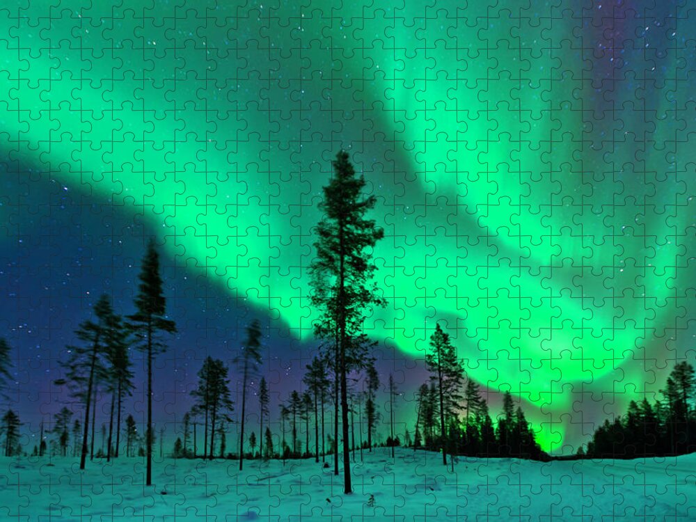 Snow Jigsaw Puzzle featuring the photograph Aurora Borealis Northern Lights Sweden by Dave Moorhouse