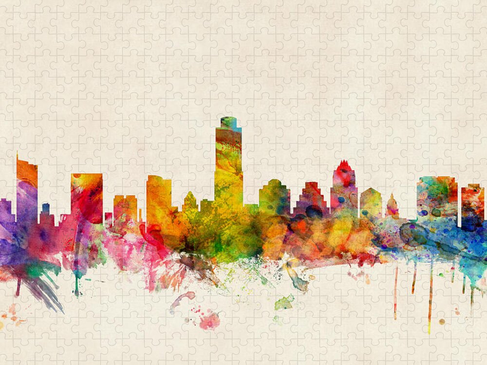 Watercolour Puzzle featuring the digital art Austin Texas Skyline by Michael Tompsett
