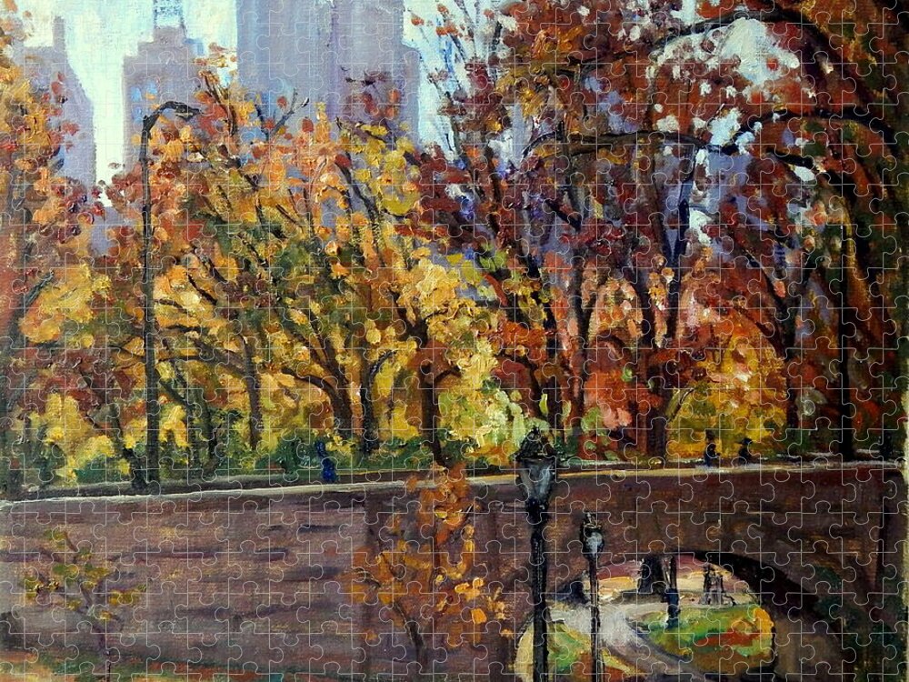 Oil Jigsaw Puzzle featuring the painting Autumn in Central Park NYC. by Thor Wickstrom