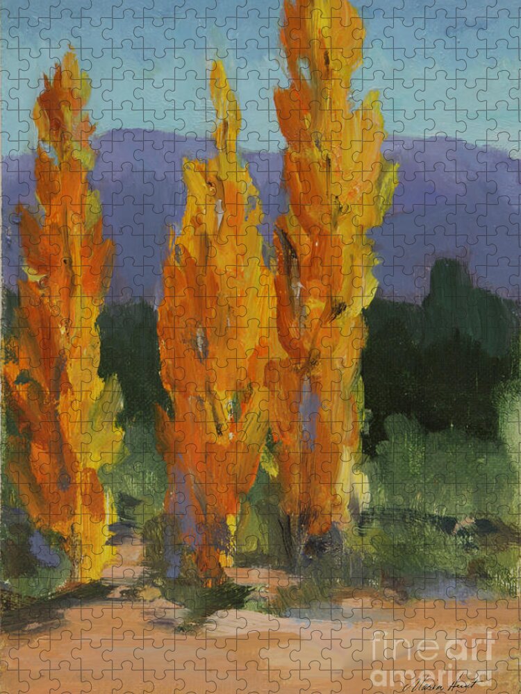 Rocky Mountains Jigsaw Puzzle featuring the painting Walking the Wash In Sante Fe by Maria Hunt