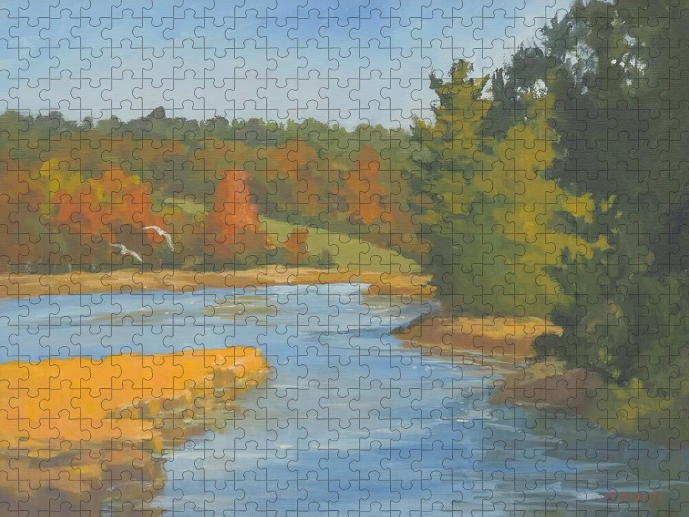 Autumn Jigsaw Puzzle featuring the painting Autumn on the Sheepscot by Bill Tomsa