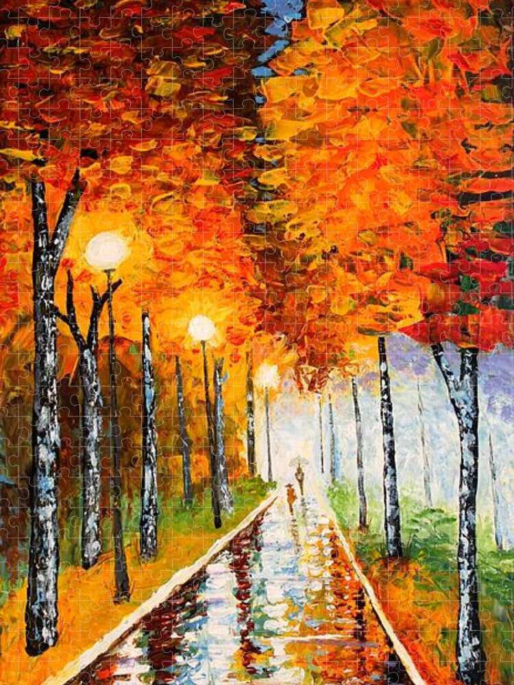 Autumn Jigsaw Puzzle featuring the painting Autumn Park Night Lights palette knife by Georgeta Blanaru