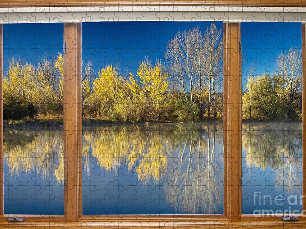 Windows Jigsaw Puzzle featuring the photograph Autumn Water Reflection Classic Wood Window View by James BO Insogna