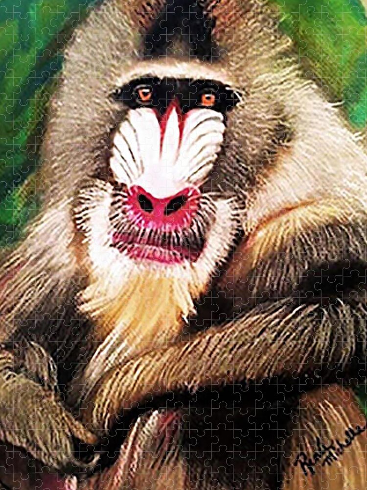 Mandarin Baboon Jigsaw Puzzle featuring the pastel Baboon Stare by Renee Michelle Wenker