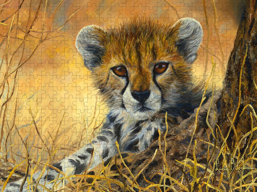 Cheetah Jigsaw Puzzle featuring the painting Baby Cheetah by Lucie Bilodeau
