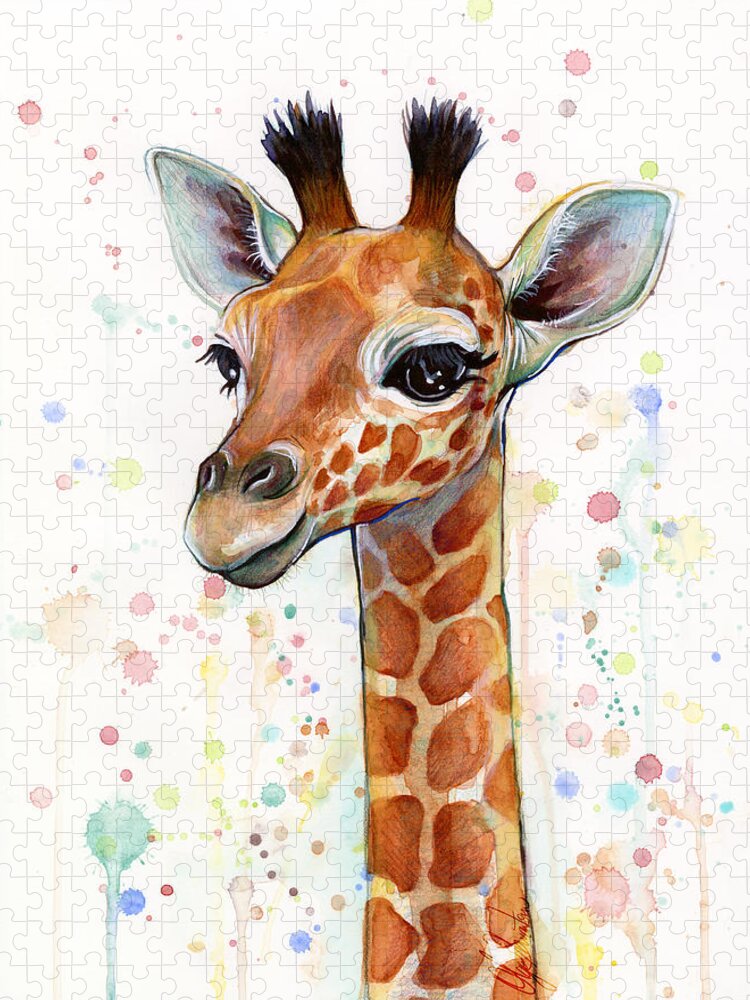 Watercolor Puzzle featuring the painting Baby Giraffe Watercolor by Olga Shvartsur