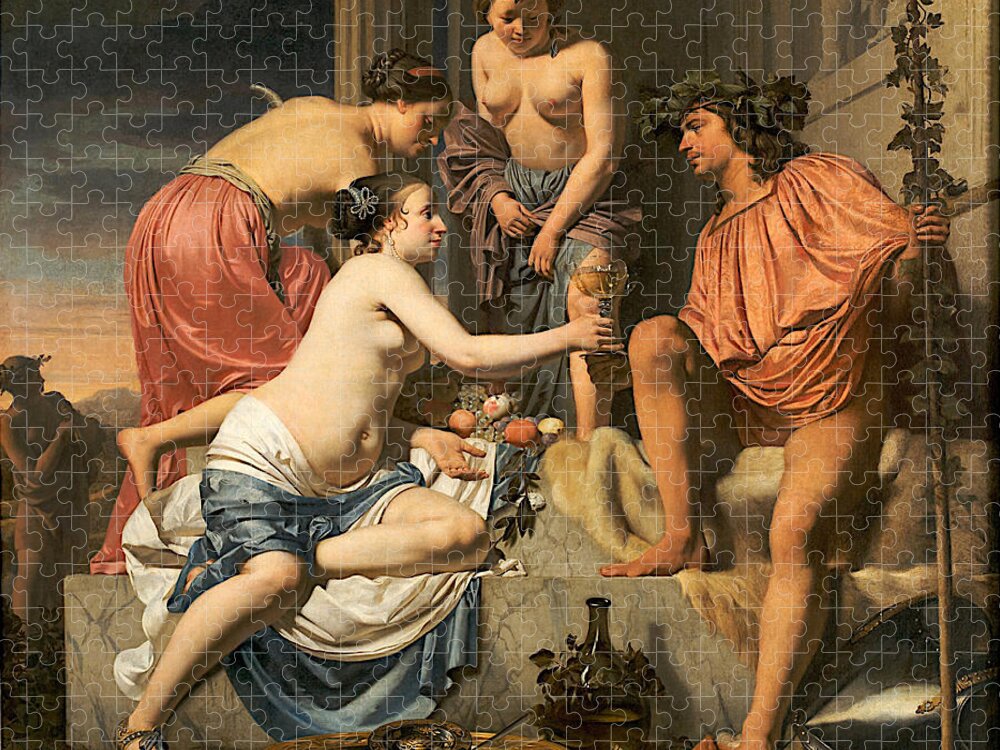 Caesar Van Everdingen Jigsaw Puzzle featuring the painting Bacchus on a Throne. Nymphs Offering Bacchus Wine and Fruit by Caesar van Everdingen