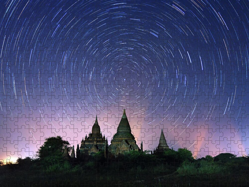Pagoda Jigsaw Puzzle featuring the photograph Bagan Star Trails, Myanmar 2013 by Monthon Wa