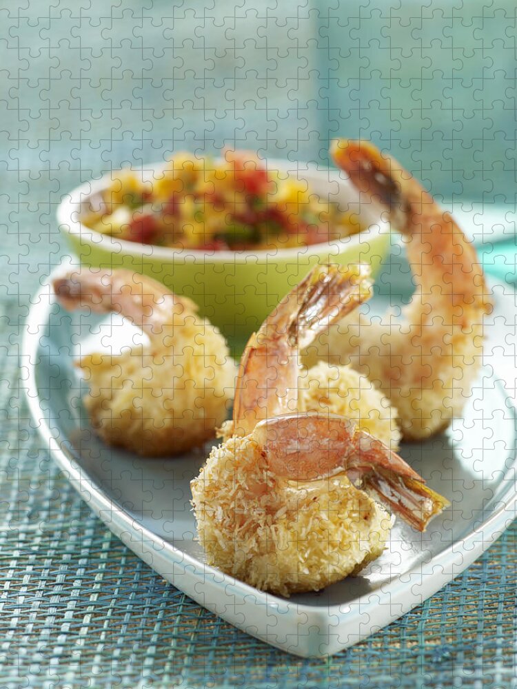 Close-up Jigsaw Puzzle featuring the photograph Baked Coconut Shrimp With Tangelo Salsa by Carin Krasner