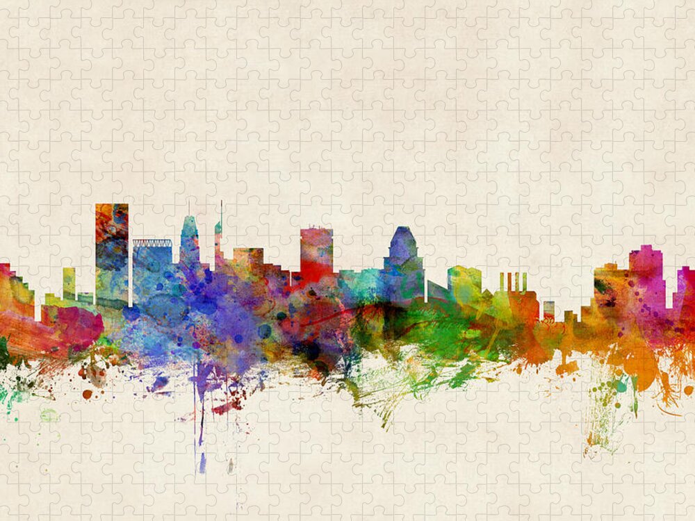 Watercolour Jigsaw Puzzle featuring the digital art Baltimore Maryland Skyline by Michael Tompsett