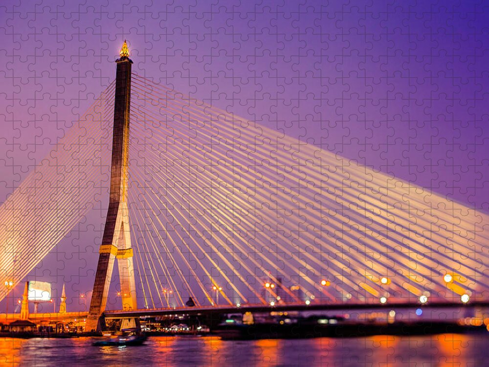 Orange Color Jigsaw Puzzle featuring the photograph Bangkok By Night, Rama Bridge Viii by Moreiso