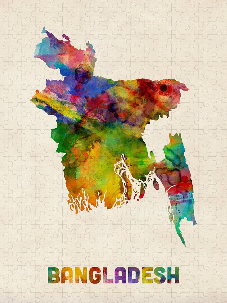Map Art Jigsaw Puzzle featuring the digital art Bangladesh Watercolor Map by Michael Tompsett