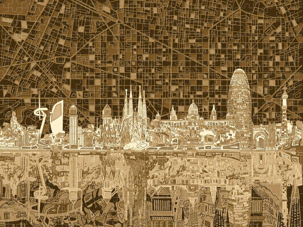 Barcelona Jigsaw Puzzle featuring the painting Barcelona Skyline Abstract 3 by Bekim M