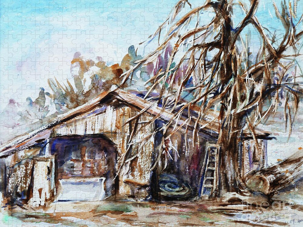 Barn Jigsaw Puzzle featuring the painting Barn by the Tree by Xueling Zou