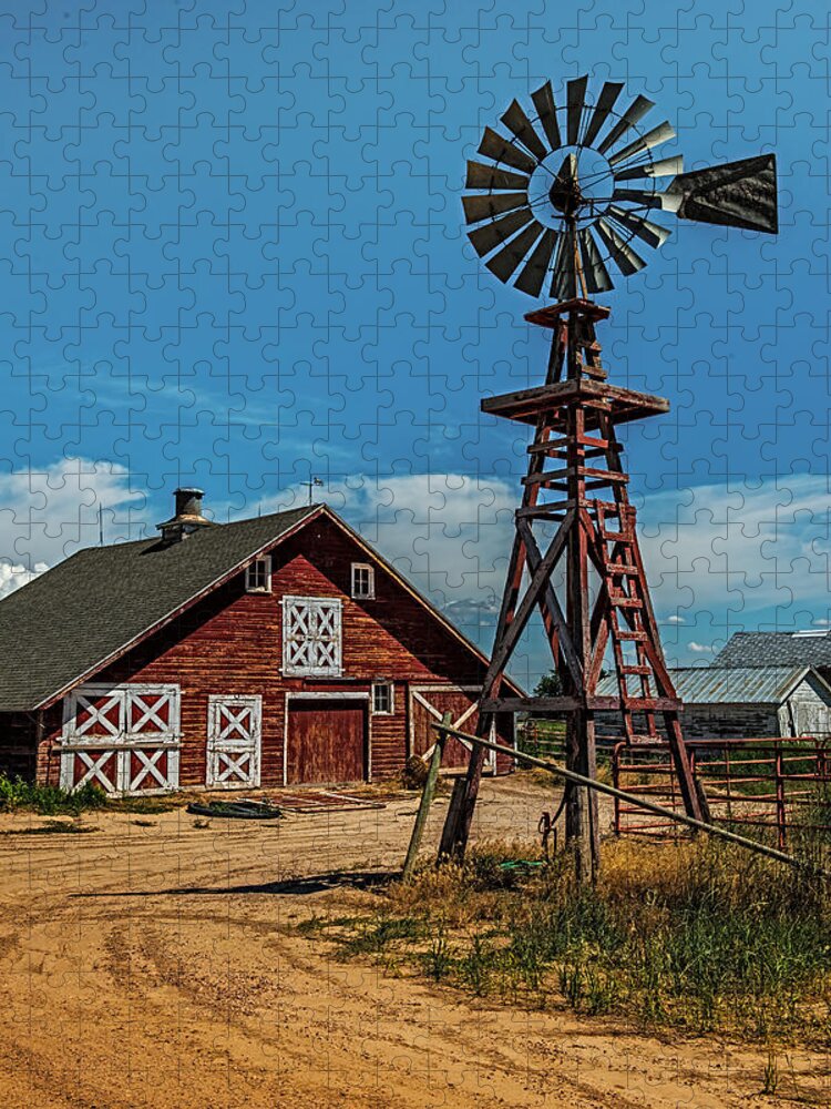 Landscape Jigsaw Puzzle featuring the photograph Barn with Windmill by Paul Freidlund