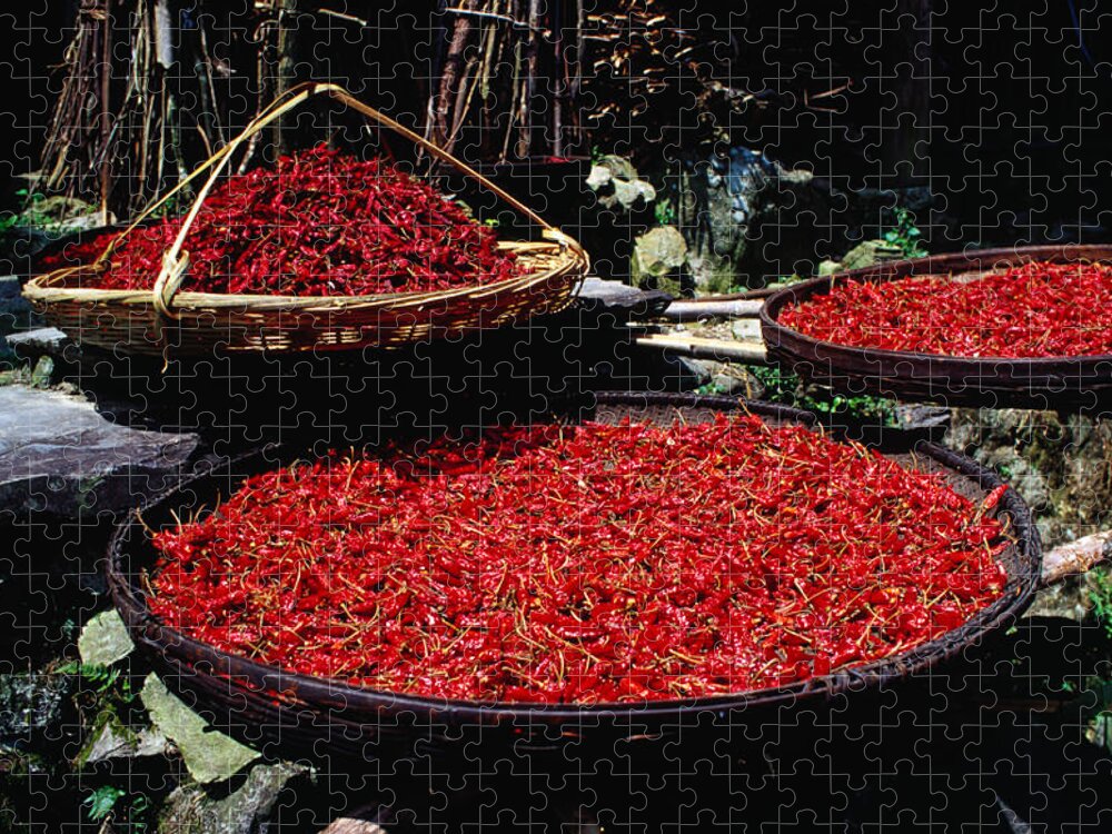 Spice Jigsaw Puzzle featuring the photograph Baskets Of Red Chillies In The Village by Richard I'anson