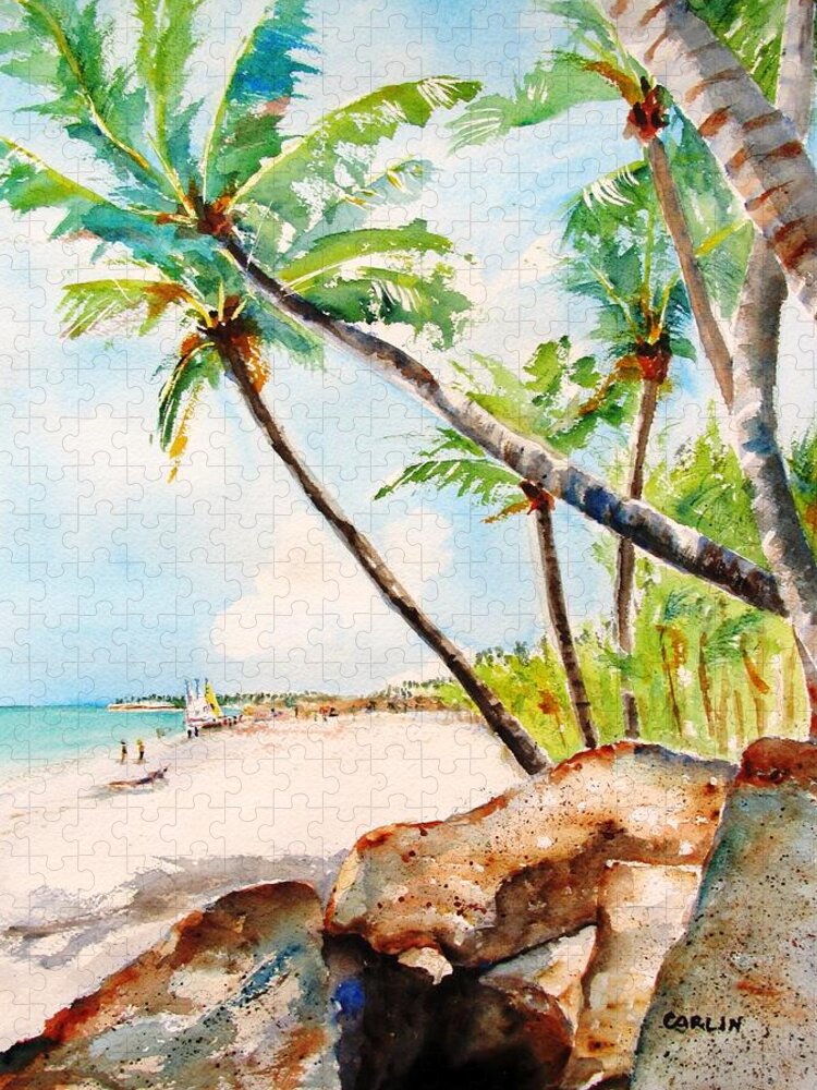 Tropical Beach Jigsaw Puzzle featuring the painting Bavaro Tropical Sandy Beach by Carlin Blahnik CarlinArtWatercolor