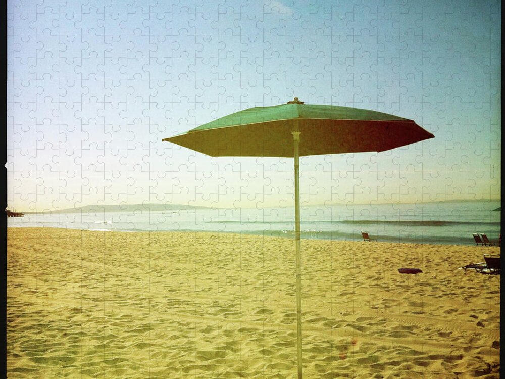 Transfer Print Jigsaw Puzzle featuring the photograph Beach Umbrella On Sand by Denise Taylor