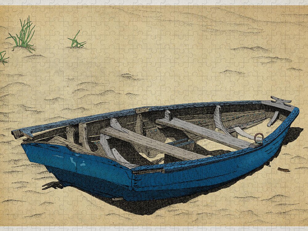 Row Boat Beach San Francisco Sand Jigsaw Puzzle featuring the drawing Beached by Meg Shearer
