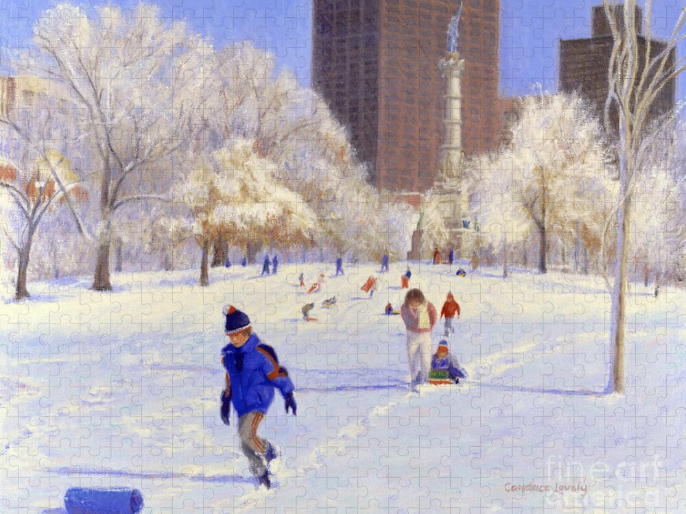 Winter Jigsaw Puzzle featuring the painting Beacon Hill Sledders by Candace Lovely
