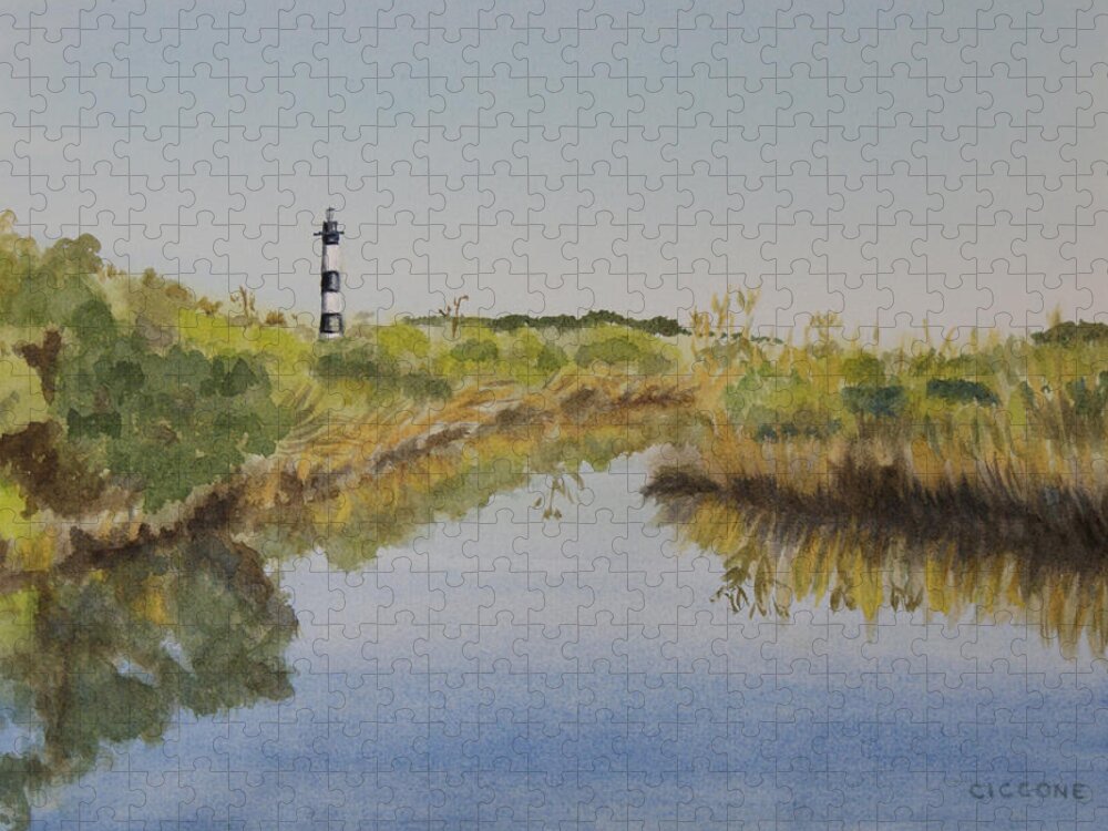 Lighthouse Jigsaw Puzzle featuring the painting Beacon on the Marsh by Jill Ciccone Pike
