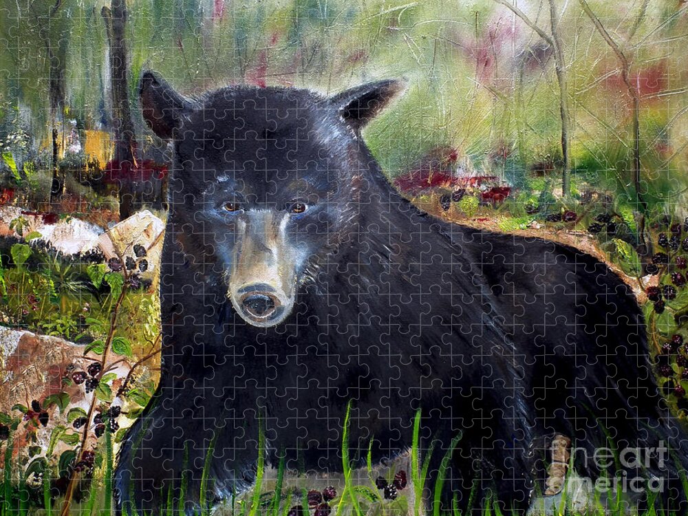 Black Bear In Blackberry Patch Jigsaw Puzzle featuring the painting Bear Painting - Blackberry Patch - Wildlife by Jan Dappen
