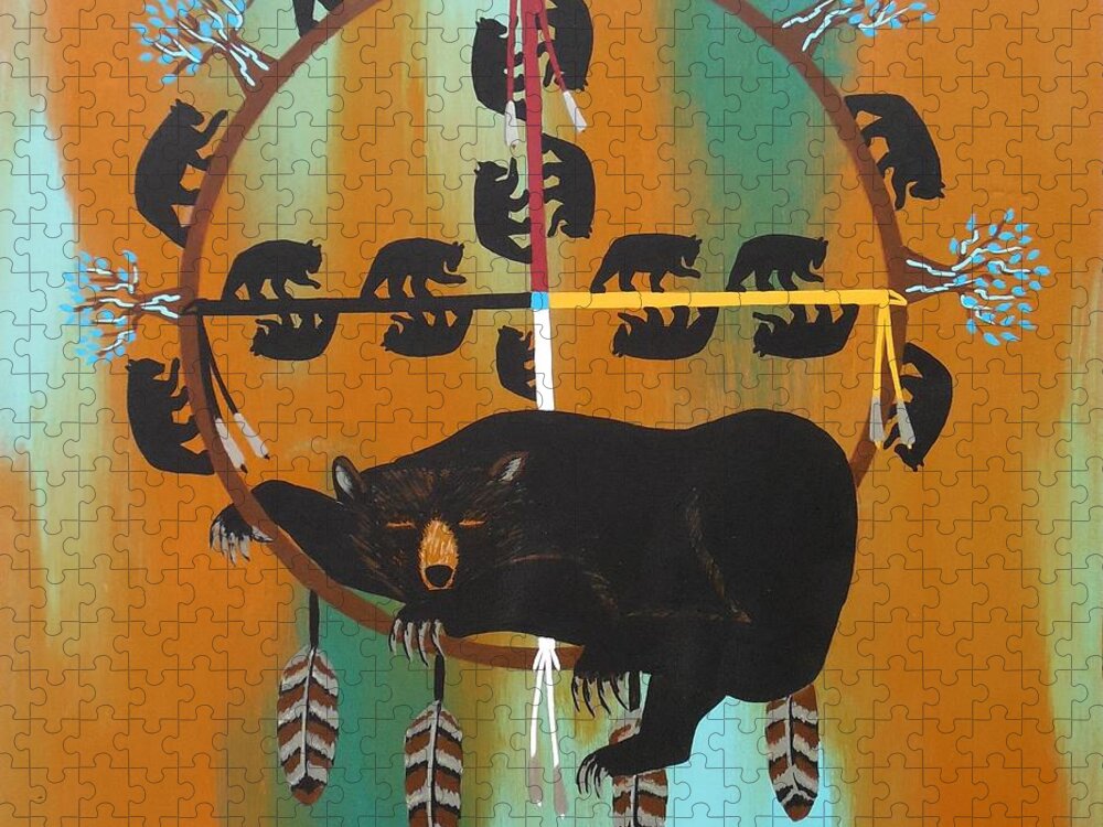 Bear Totem Jigsaw Puzzle featuring the painting Bear Totem and Medicine Wheel by Jean Fry